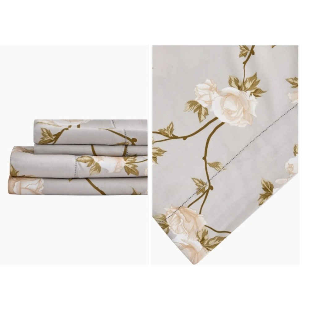 Melange Home 100% Cotton King Sheet Set Floral Rose Hemstitch Cream Sage Green